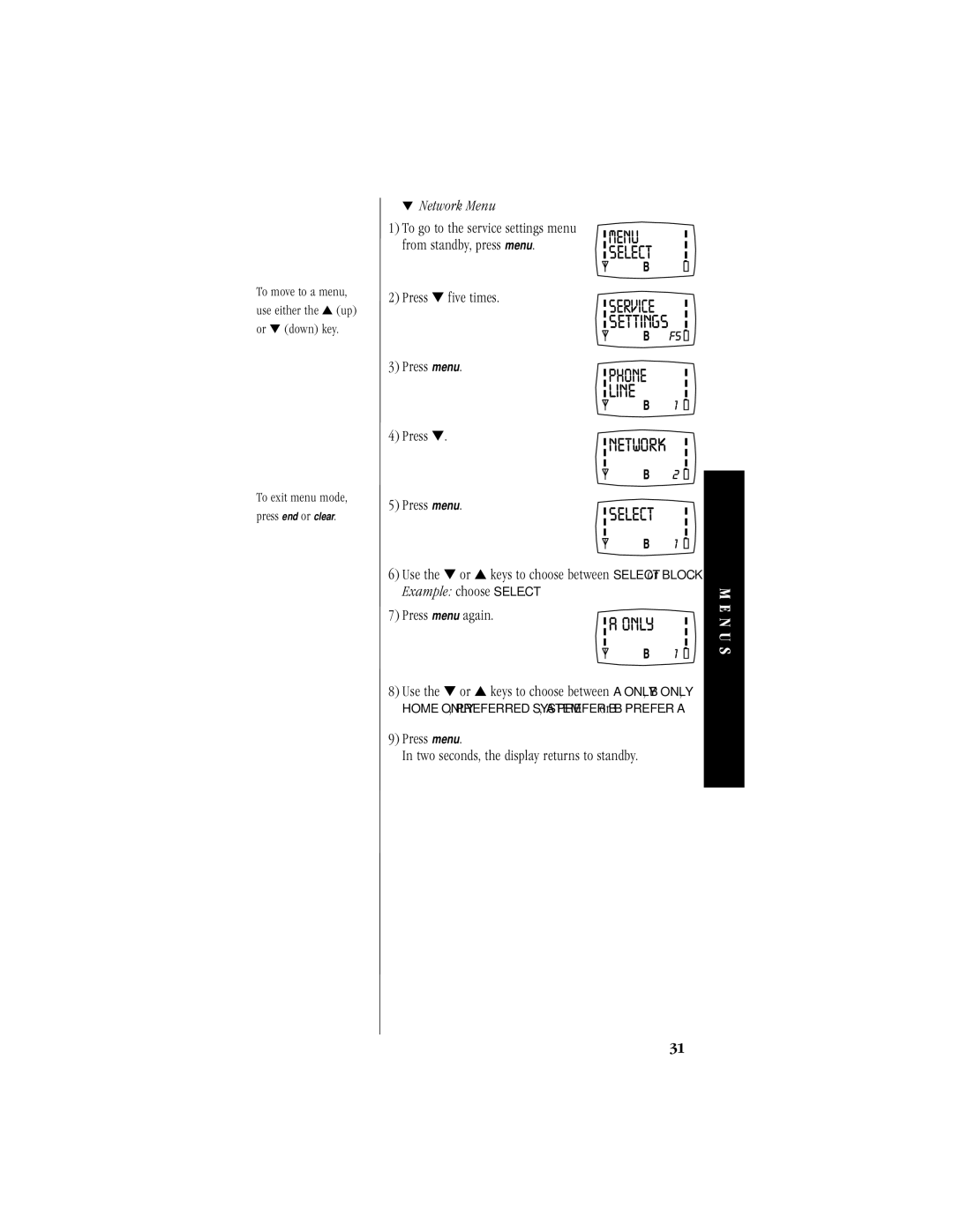 Uniden 200 manual Network Menu, Press menu Two seconds, the display returns to standby 