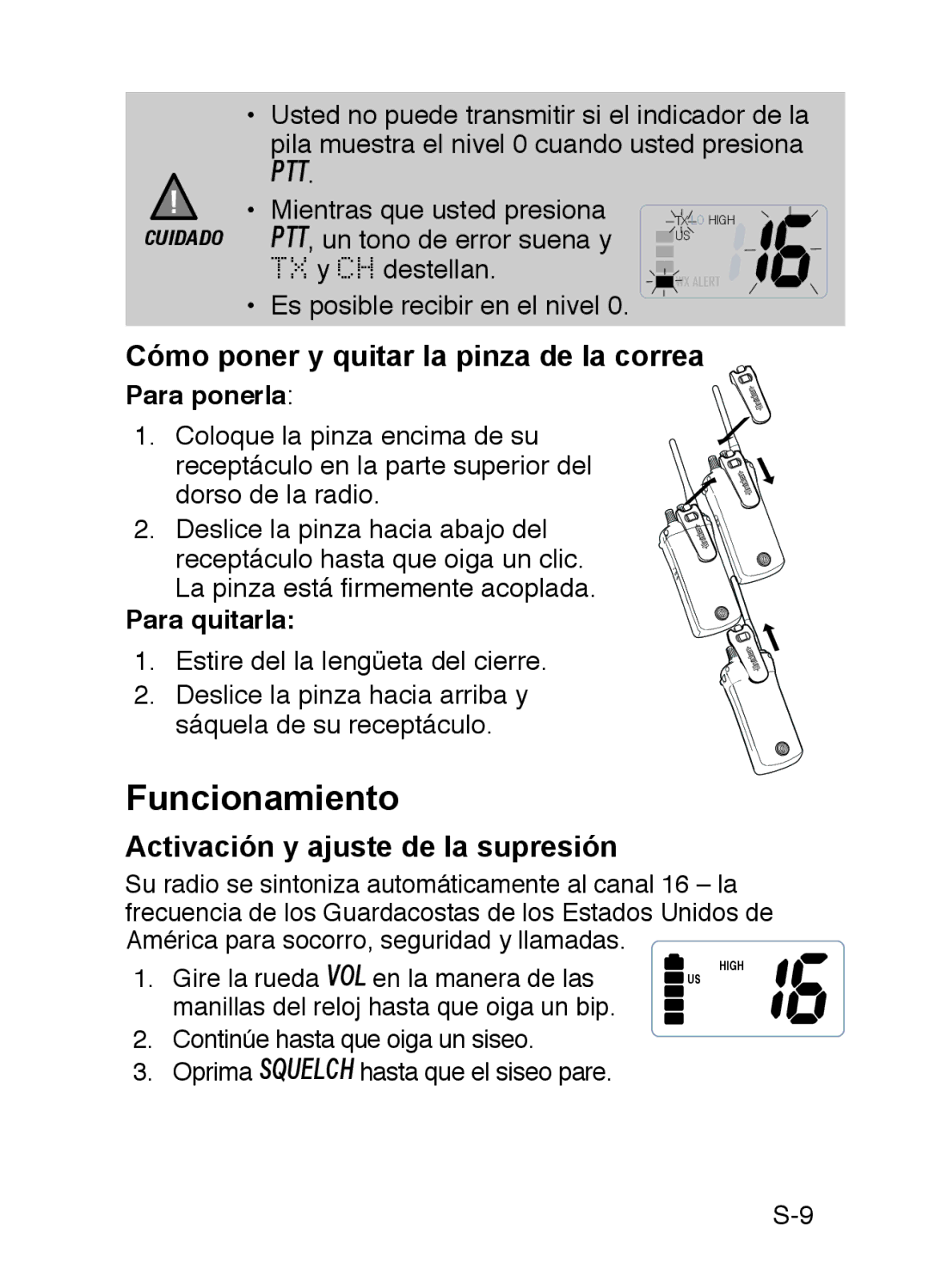 Uniden 200 owner manual Funcionamiento, Cómo poner y quitar la pinza de la correa, Activación y ajuste de la supresión 