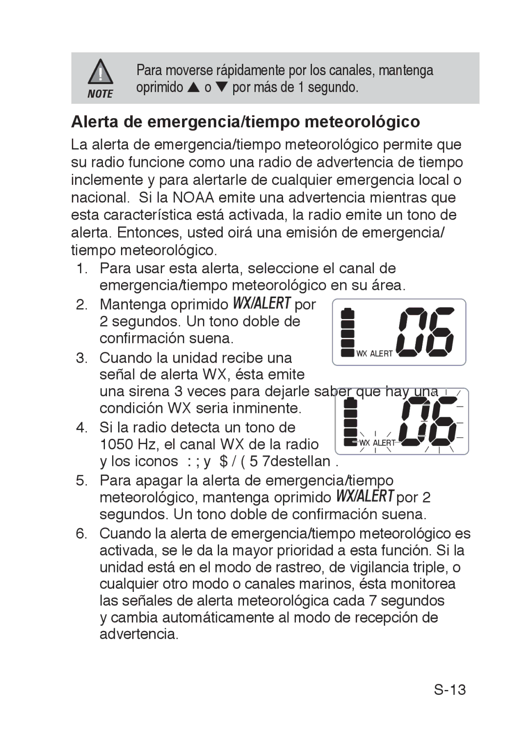 Uniden 200 owner manual Alerta de emergencia/tiempo meteorológico, Los iconos WX y ALERTdestellan 