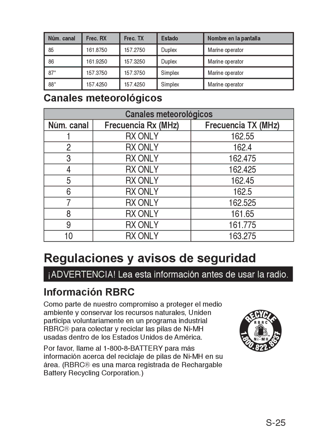 Uniden 200 owner manual Regulaciones y avisos de seguridad, Canales meteorológicos, Información Rbrc 