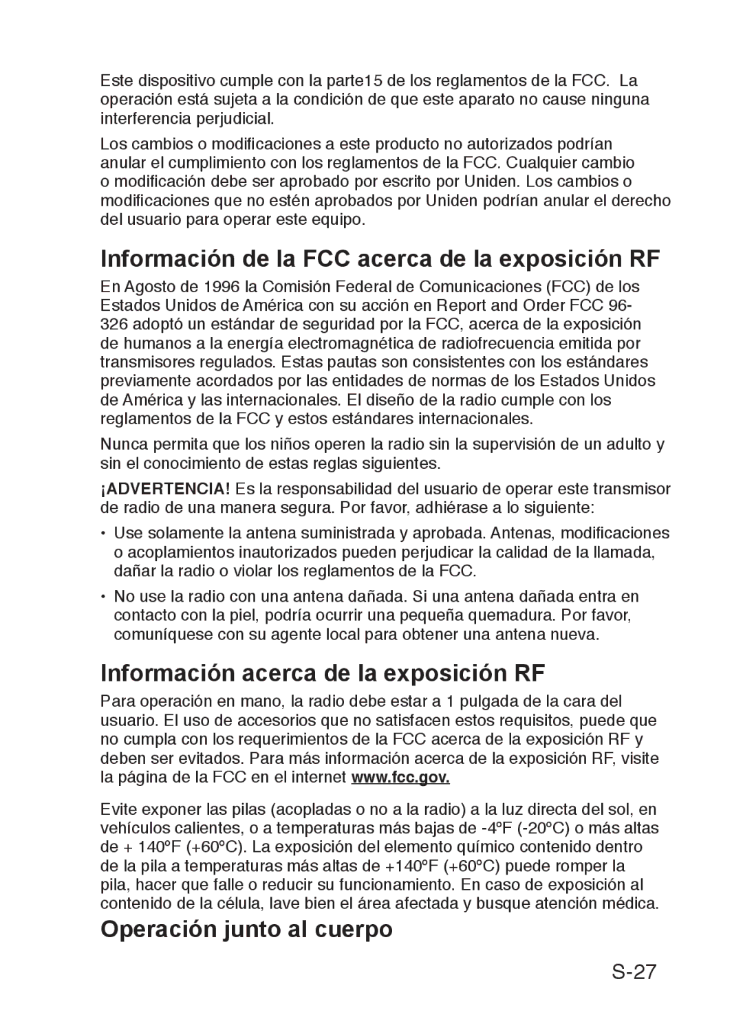 Uniden 200 owner manual Información de la FCC acerca de la exposición RF, Información acerca de la exposición RF 