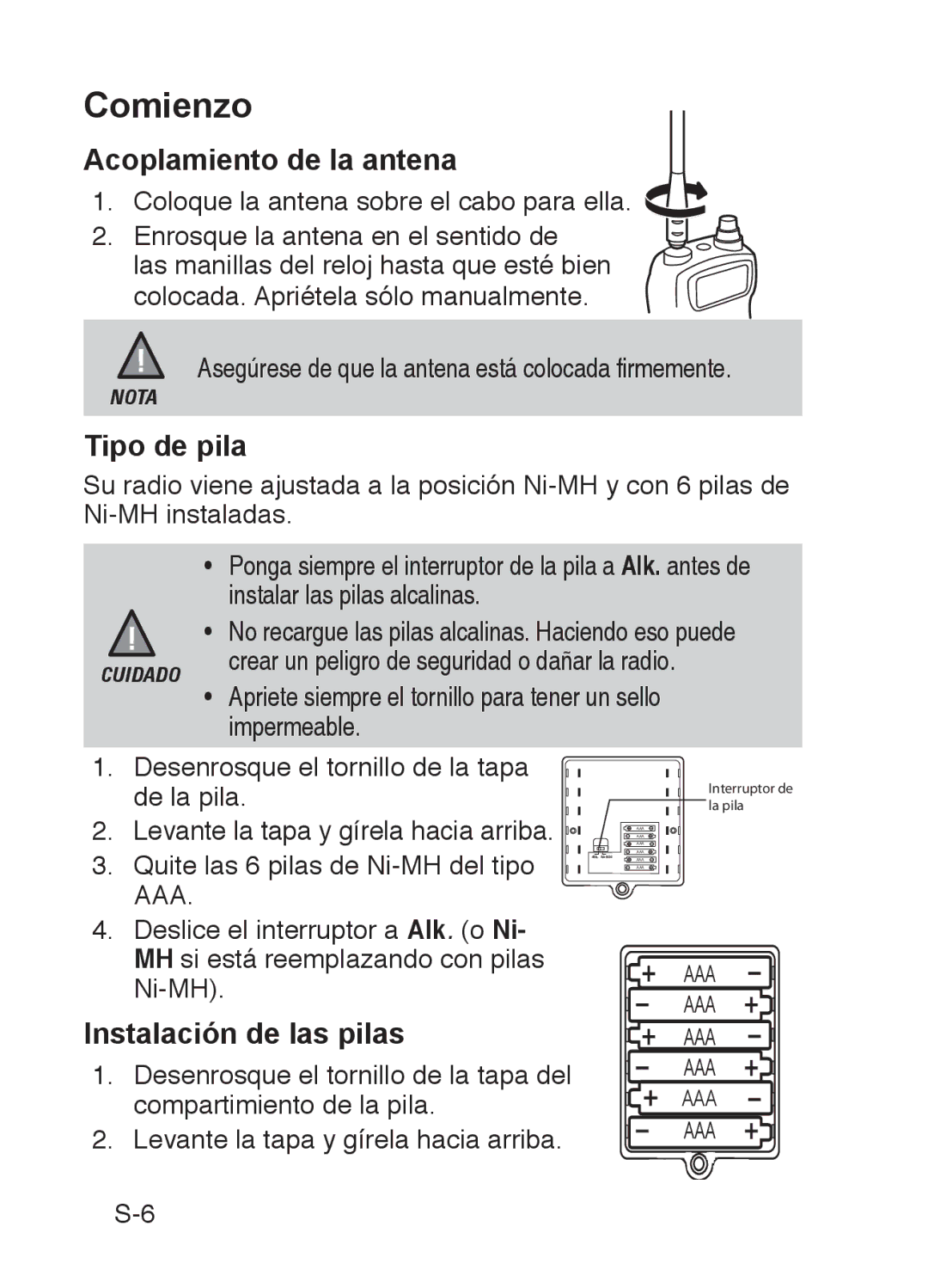 Uniden 200 owner manual Comienzo, Acoplamiento de la antena, Tipo de pila, Instalación de las pilas 