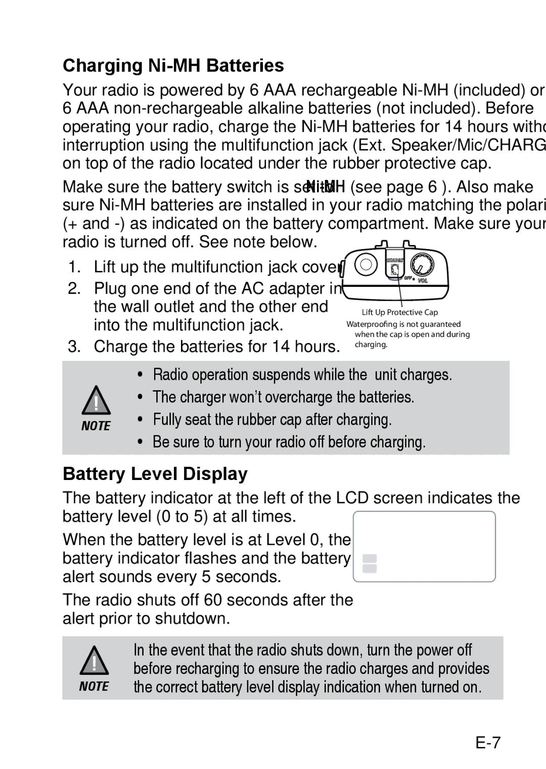 Uniden 200 owner manual Charging Ni-MH Batteries, Battery Level Display 