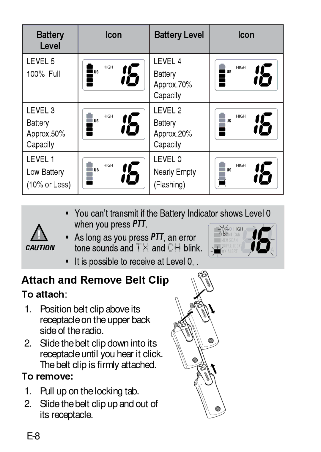 Uniden 200 owner manual Attach and Remove Belt Clip, Battery Icon Battery Level 