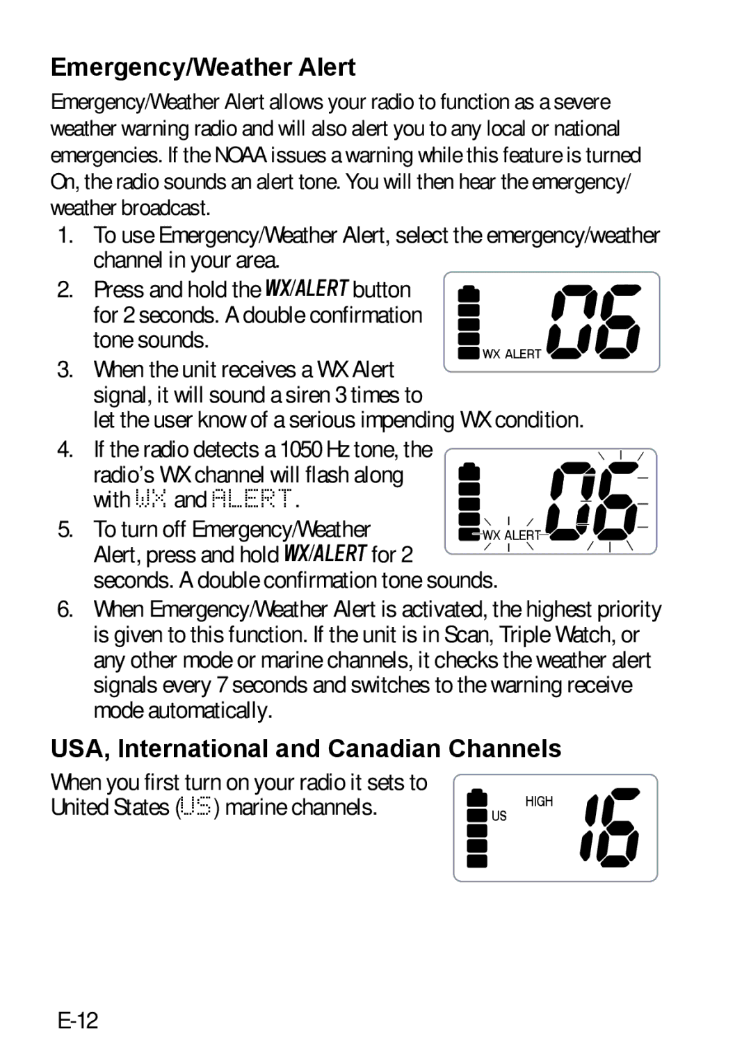 Uniden 200 owner manual Emergency/Weather Alert, USA, International and Canadian Channels 