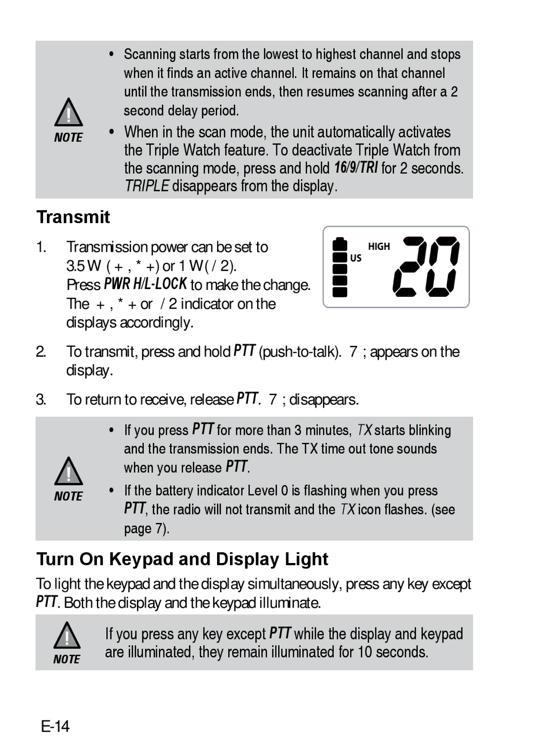 Uniden 200 owner manual Transmit, Turn On Keypad and Display Light 