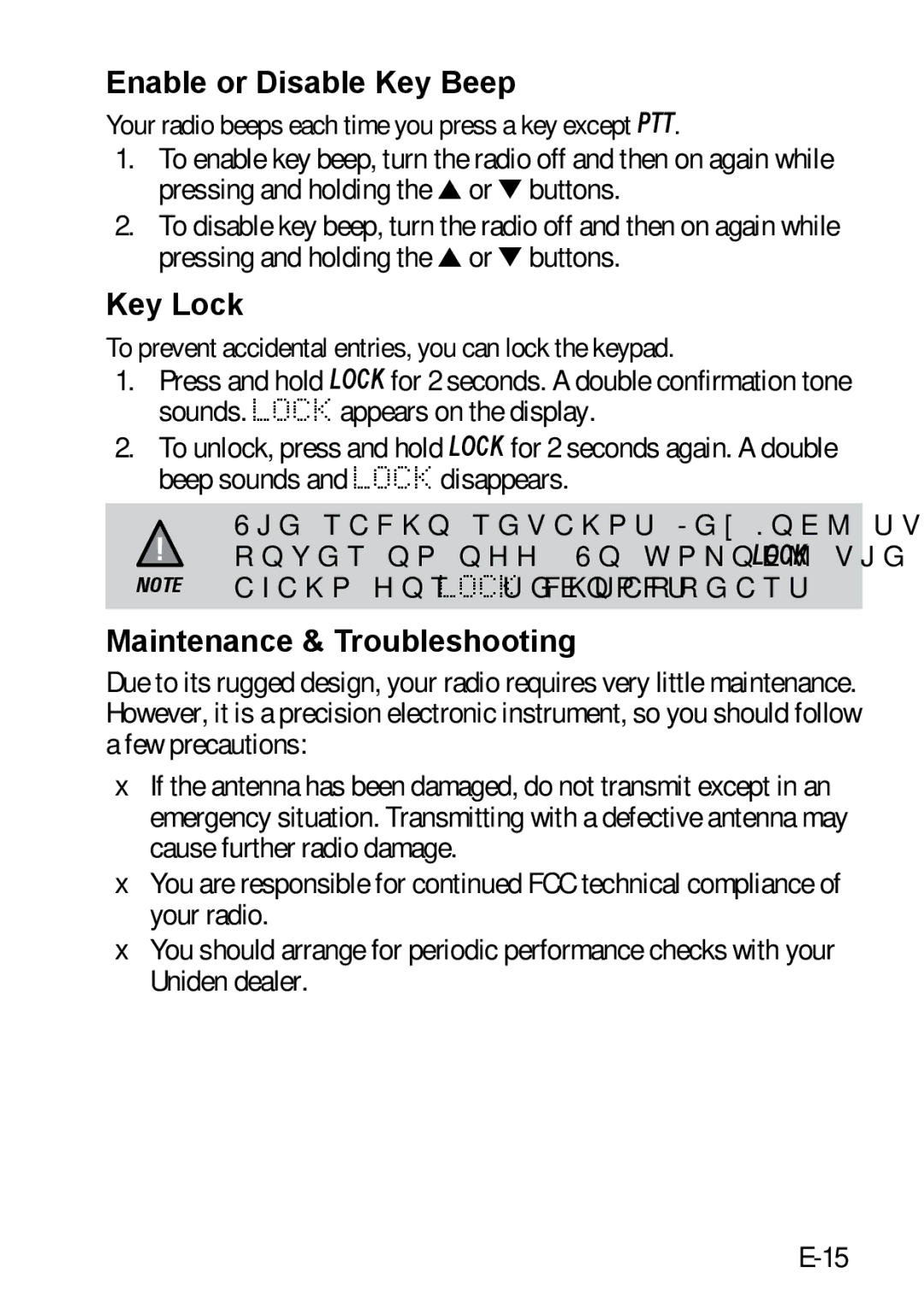 Uniden 200 owner manual Enable or Disable Key Beep, Key Lock, Maintenance & Troubleshooting 