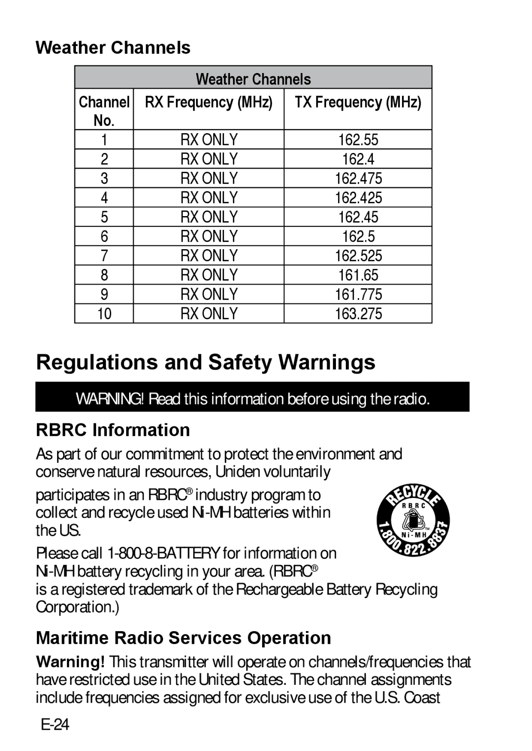 Uniden 200 Regulations and Safety Warnings, Weather Channels, Rbrc Information, Maritime Radio Services Operation 