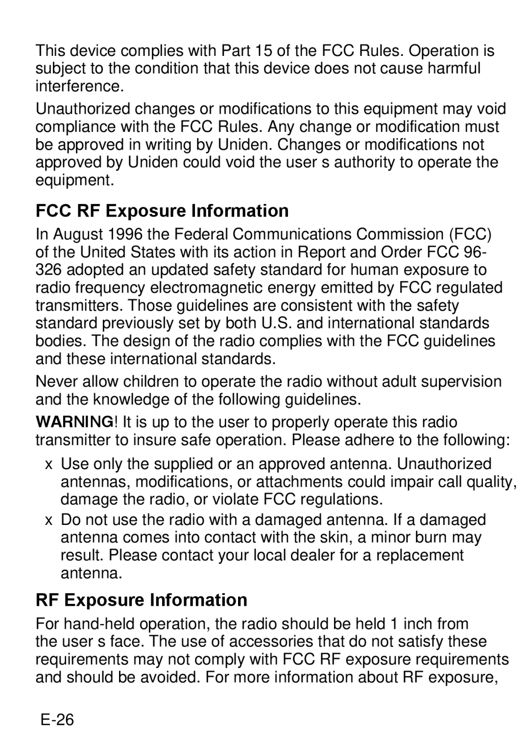 Uniden 200 owner manual FCC RF Exposure Information 