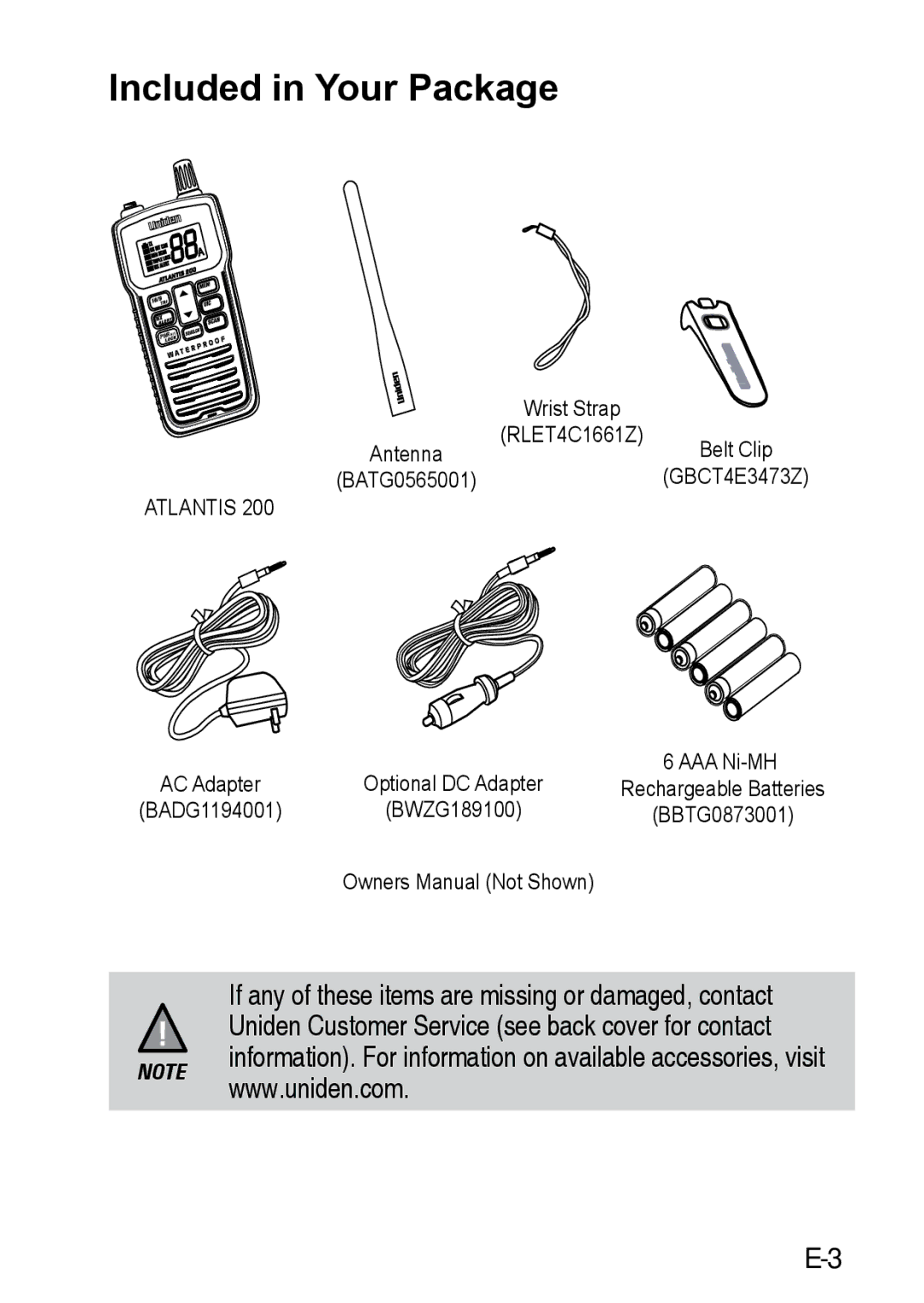 Uniden 200 owner manual Included in Your Package, Atlantis 