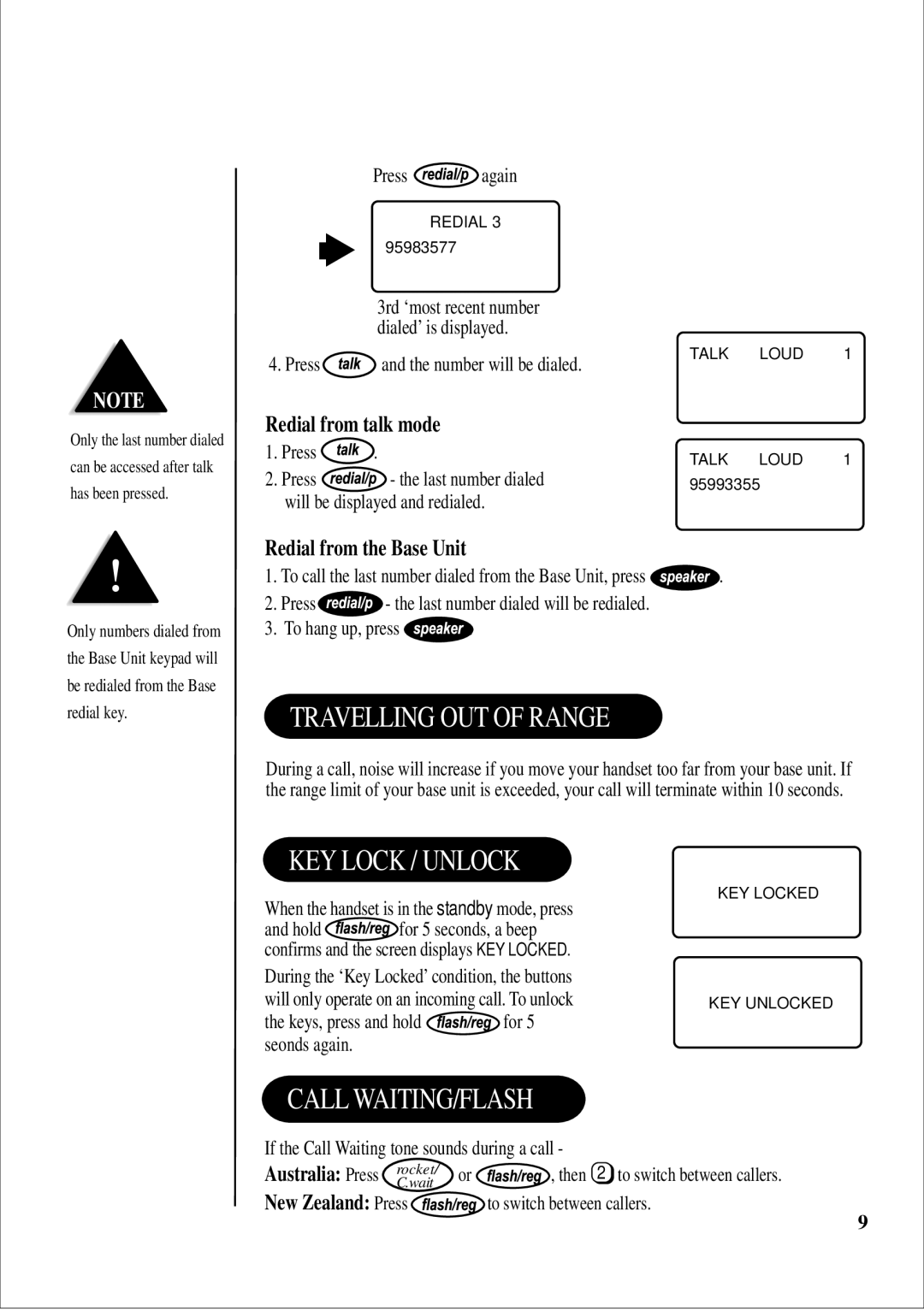 Uniden 2165, 2155 quick start Travelling OUT of Range, KEY Lock / Unlock, Call WAITING/FLASH, Redial from the Base Unit 