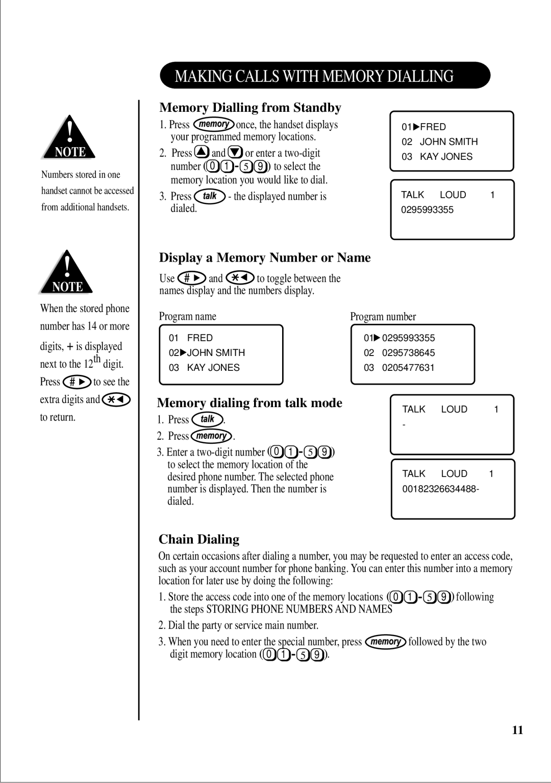 Uniden 2165, 2155 Making Calls with Memory Dialling, Memory Dialling from Standby, Display a Memory Number or Name 