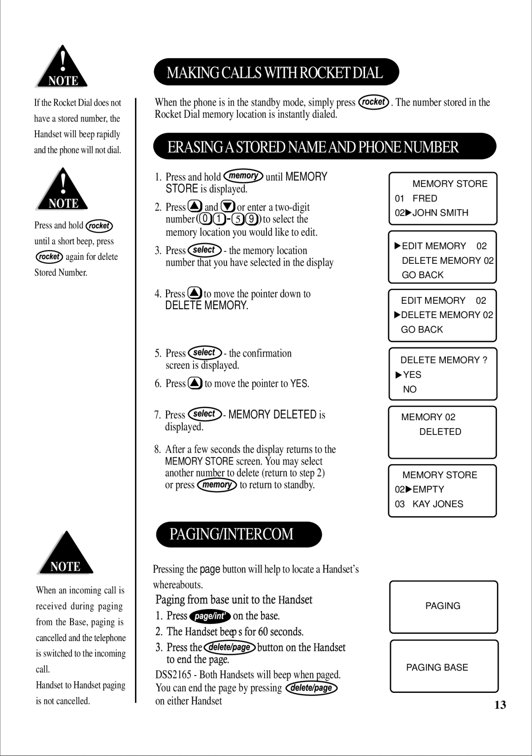 Uniden 2165, 2155 quick start Making Callswith Rocketdial, Paging/Intercom, Press and hold until Memory Store is displayed 