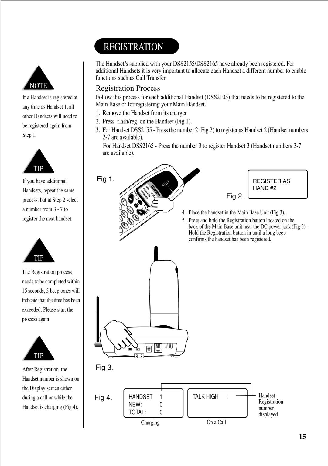 Uniden 2165, 2155 quick start Registration, Place the handset in the Main Base Unit Fig, Handset, Number, On a Call 