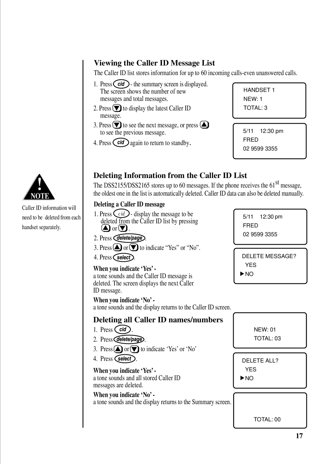 Uniden 2165, 2155 quick start Viewing the Caller ID Message List, Deleting Information from the Caller ID List 