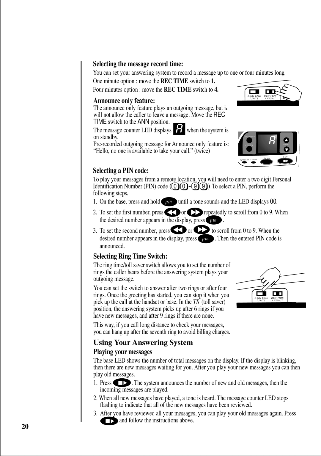 Uniden 2155, 2165 quick start Selecting the message record time, Selecting Ring Time Switch 