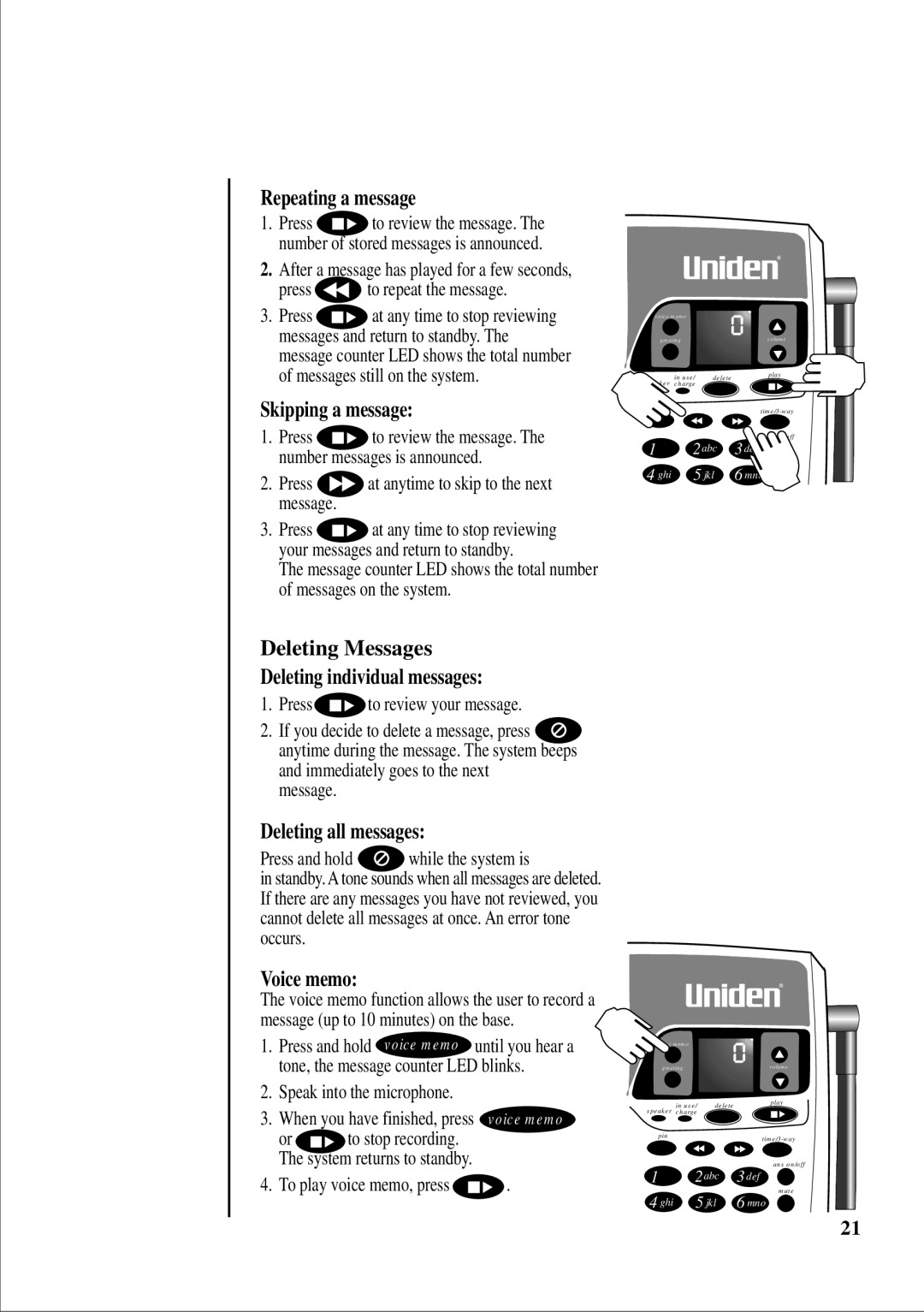 Uniden 2165 Repeating a message, Skipping a message, Deleting Messages Deleting individual messages, Deleting all messages 