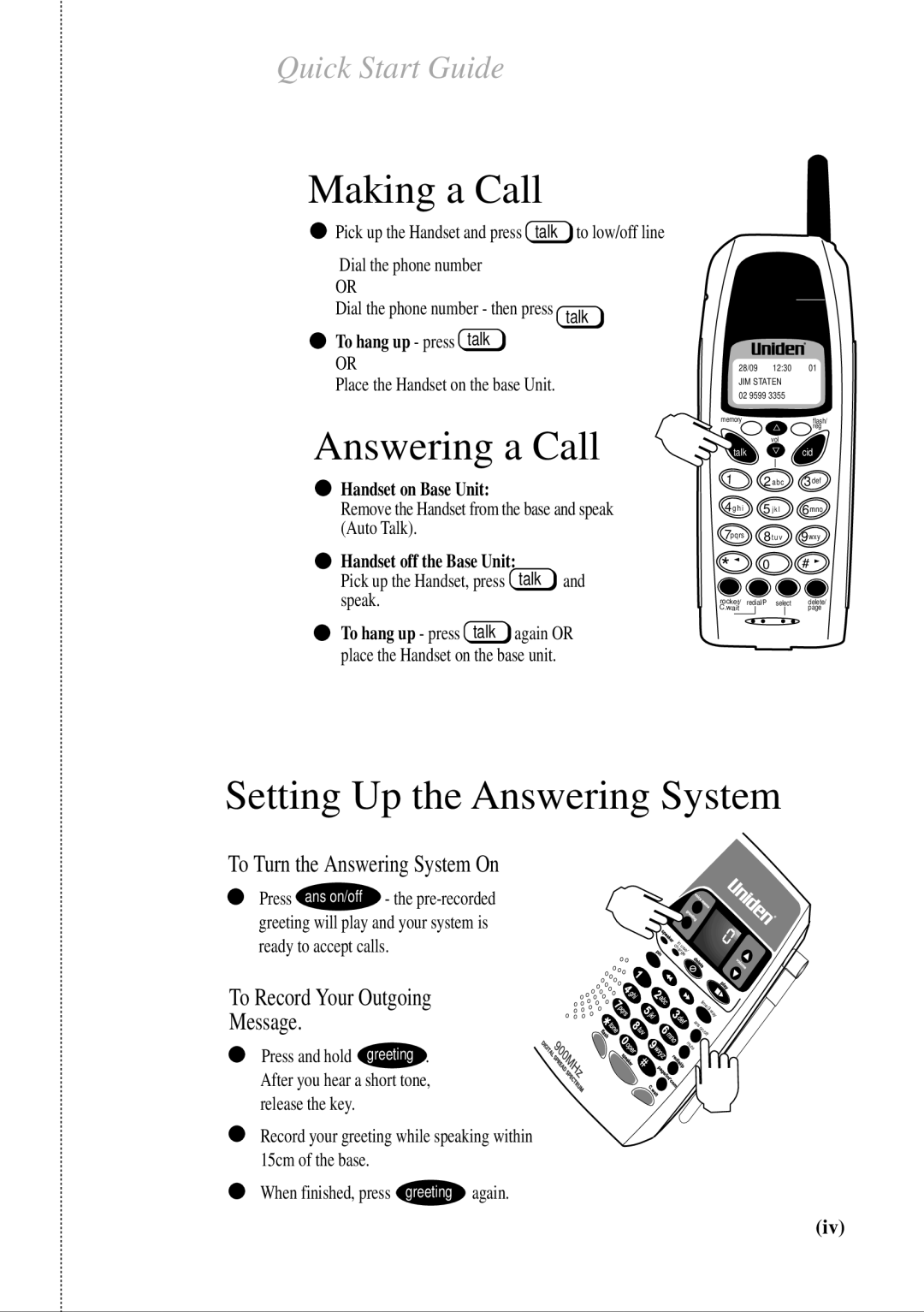 Uniden 2165, 2155 quick start To hang up press talk, Handset on Base Unit, Handset off the Base Unit 