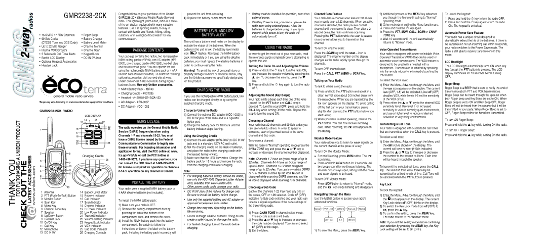 Uniden 2238-2CK manual Package Contents, Gmrs License, Install the Battery, Battery Level and LOW Battery Alert 