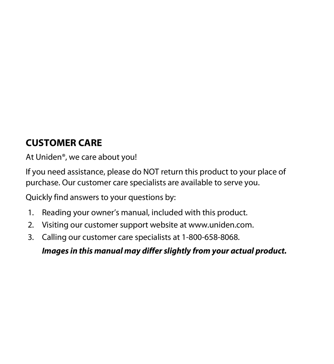 Uniden 23 user manual Customer Care 