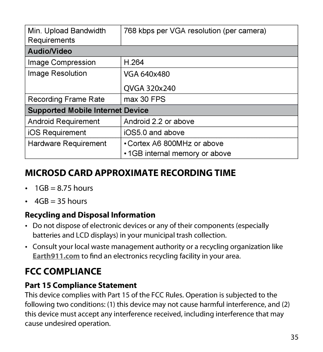 Uniden 23 user manual MicroSD Card Approximate Recording Time, FCC Compliance, Recycling and Disposal Information 