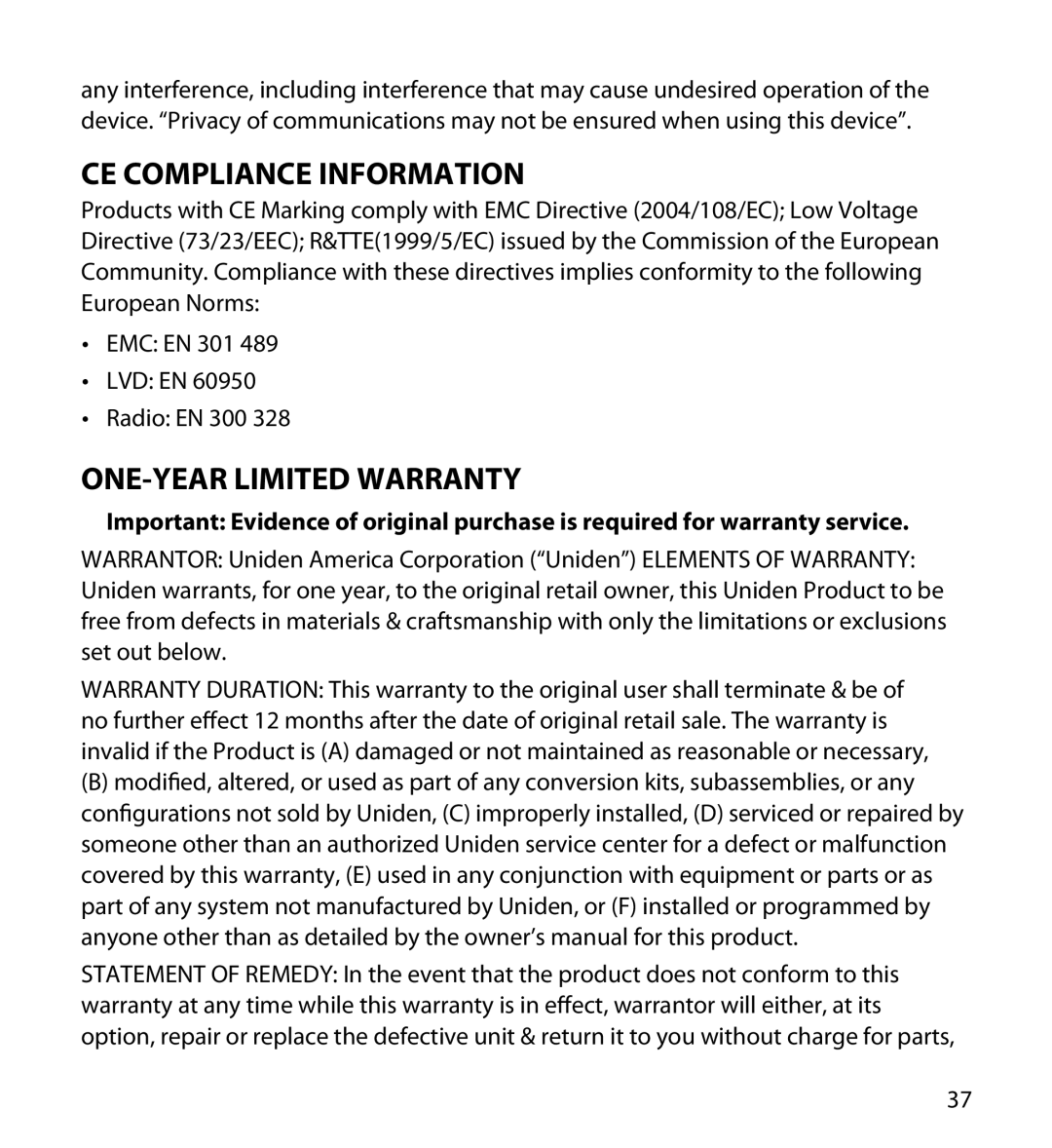 Uniden 23 user manual CE Compliance Information, ONE-YEAR Limited Warranty 