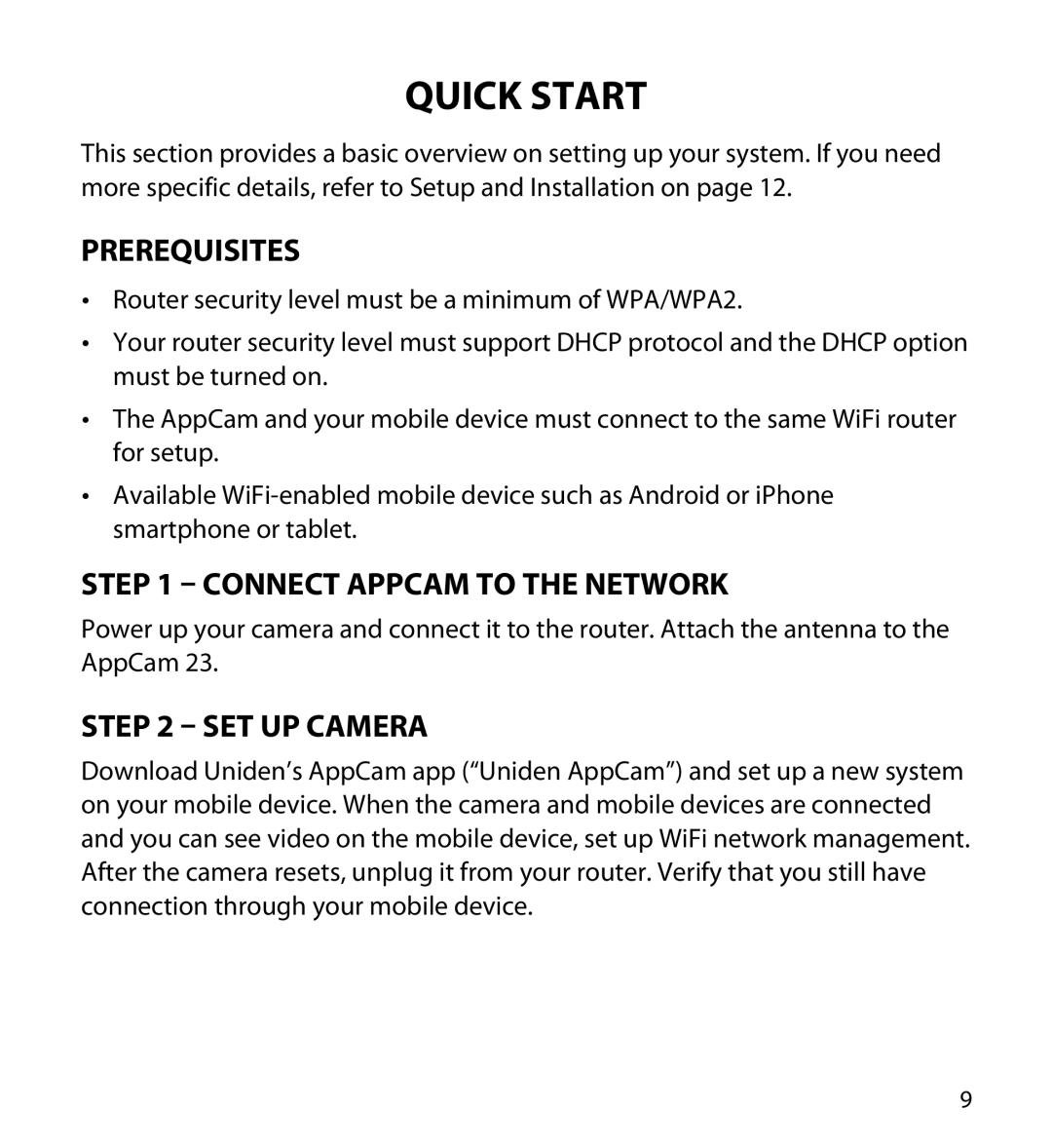 Uniden 23 user manual Quick Start, Prerequisites, Connect AppCam to the Network, Set Up Camera 