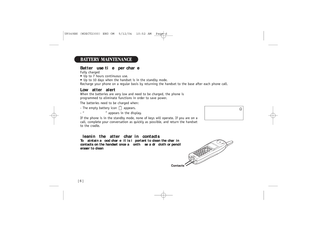 Uniden 2300 Battery Maintenance, Battery use time per charge, Low battery alert, Cleaning the battery charging contacts 