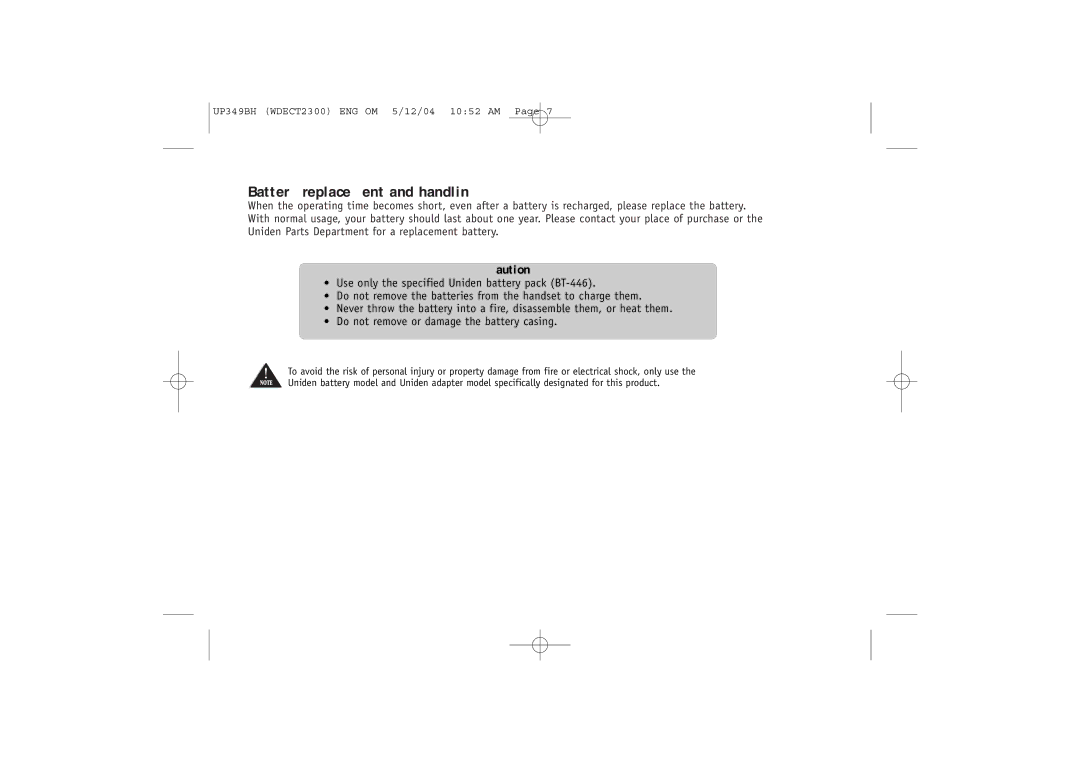 Uniden 2300 quick start Battery replacement and handling 