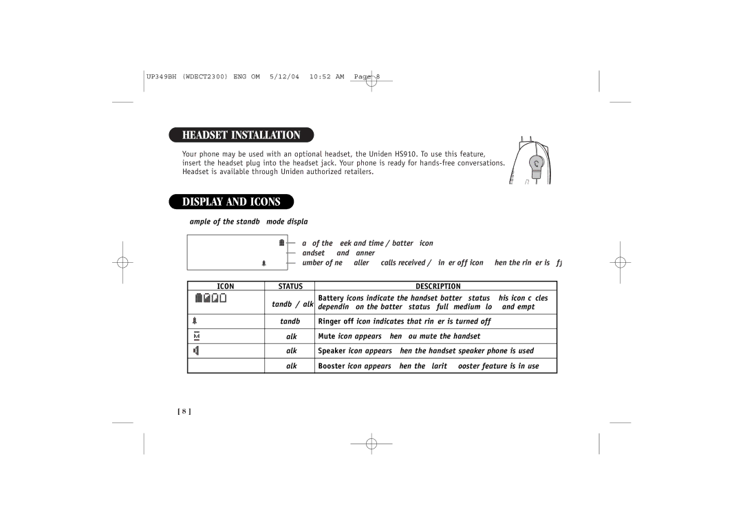 Uniden 2300 quick start Headset Installation, Display and Icons, a N d s e t 