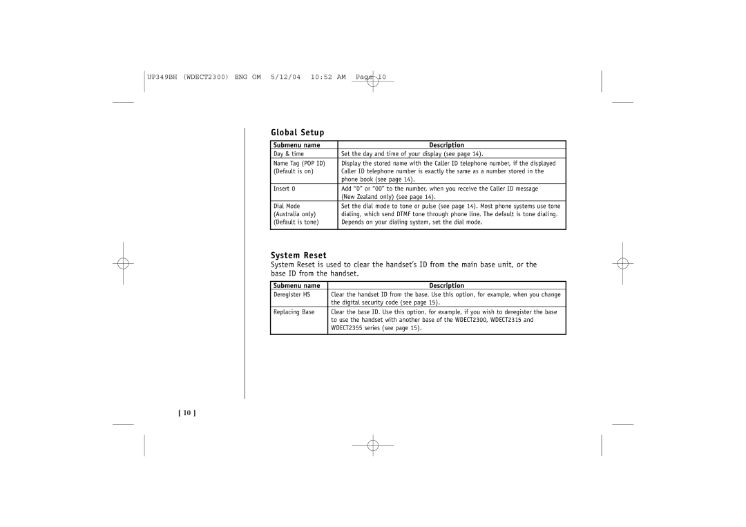 Uniden 2300 quick start Global Setup, System Reset 