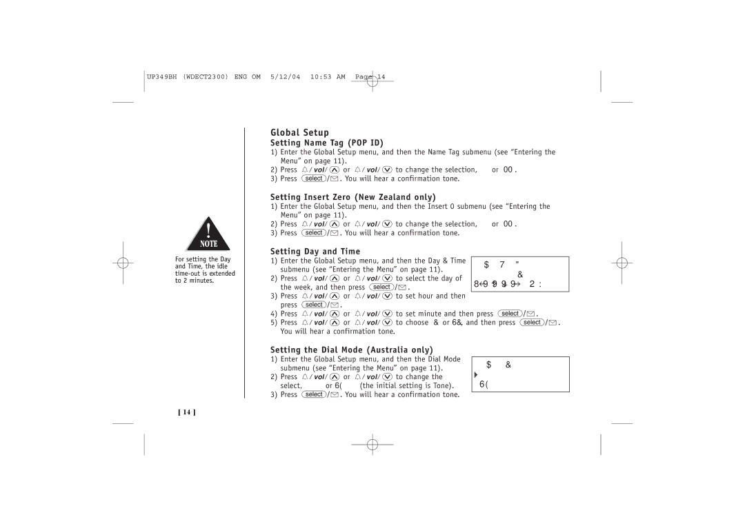 Uniden 2300 quick start Global Setup, Setting Name Tag POP ID, Setting Insert Zero New Zealand only, Setting Day and Time 