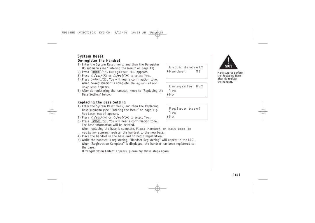Uniden 2300 quick start System Reset, De-register the Handset, Replacing the Base Setting, Replace base?, Yes 