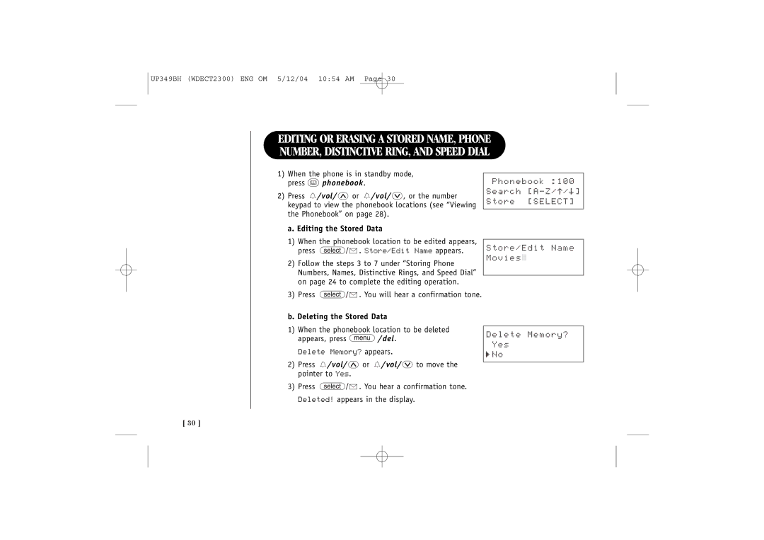 Uniden 2300 quick start Store/Edit Name Movies Delete Memory? Yes, Deleting the Stored Data 