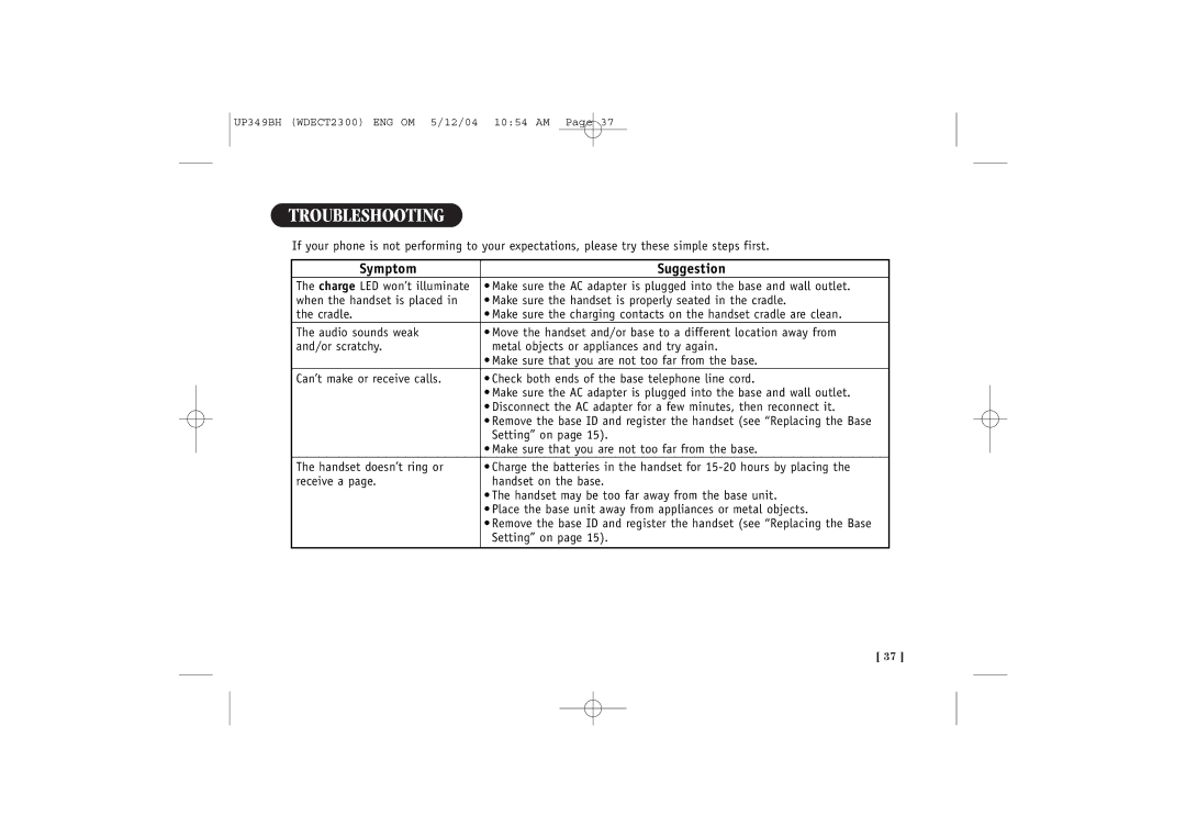 Uniden 2300 quick start Troubleshooting, Symptom Suggestion 