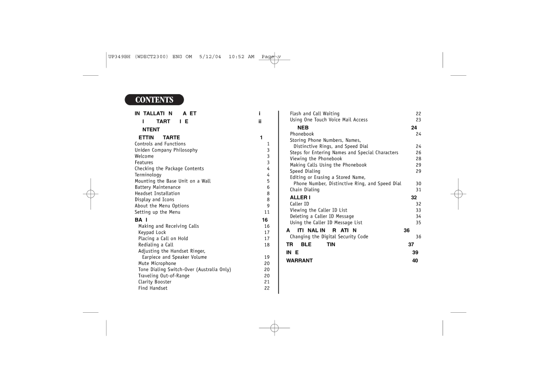 Uniden 2300 quick start Contents 