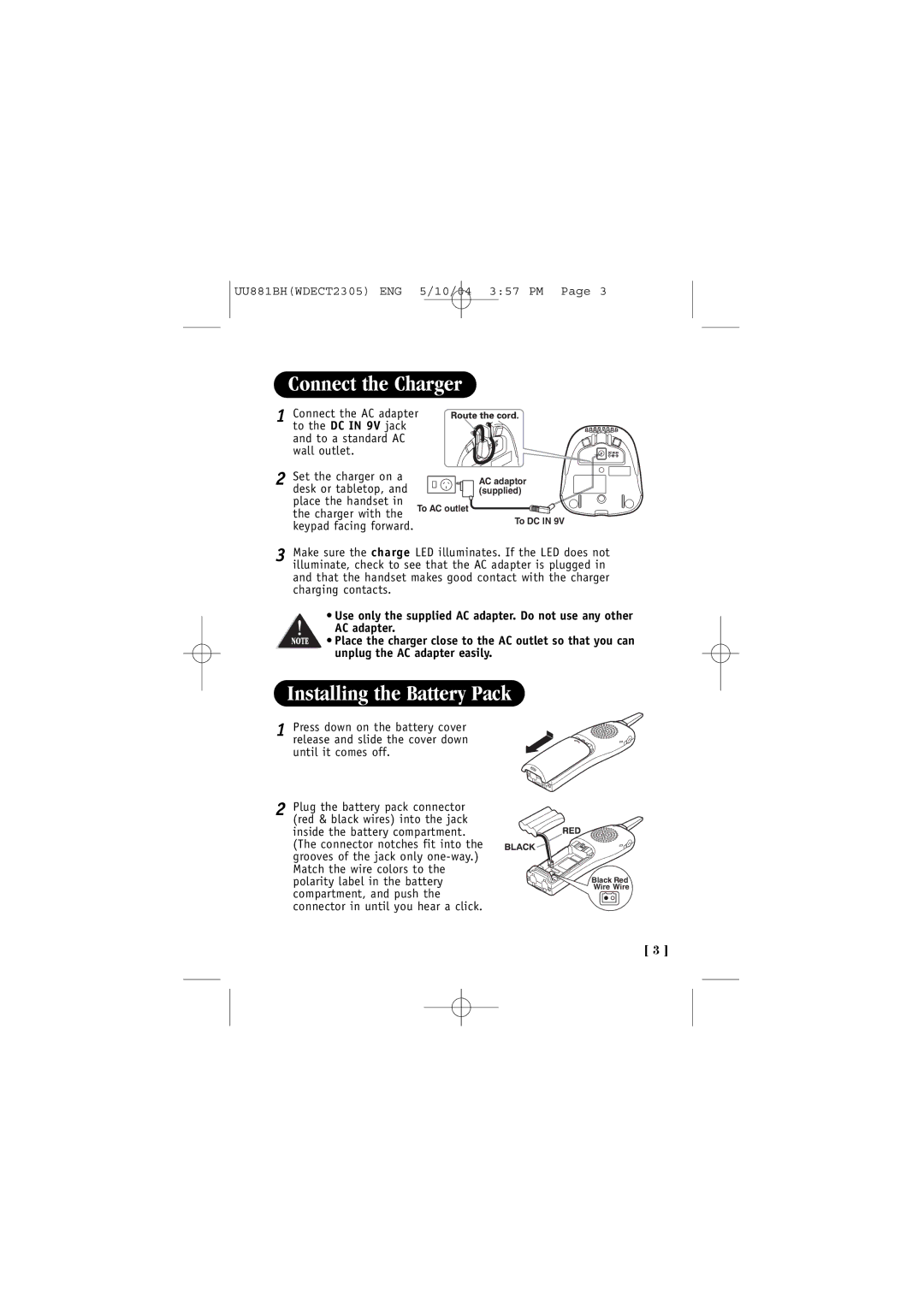 Uniden 2305 manual Connect the Charger, Installing the Battery Pack 