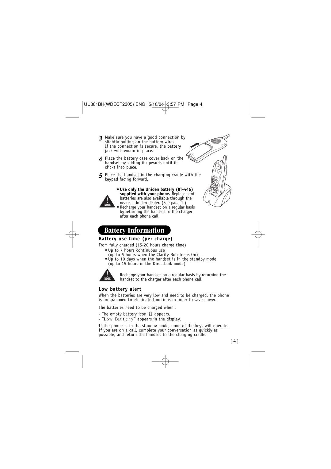 Uniden 2305 manual Battery Information, Battery use time per charge, Low battery alert 