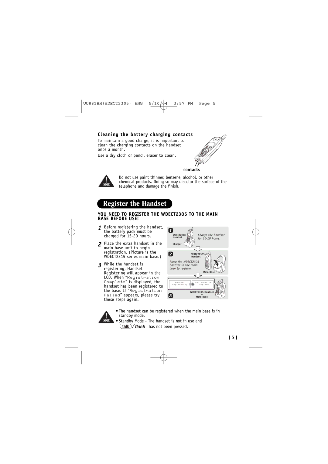 Uniden 2305 manual Register the Handset, Cleaning the battery charging contacts, Contacts 