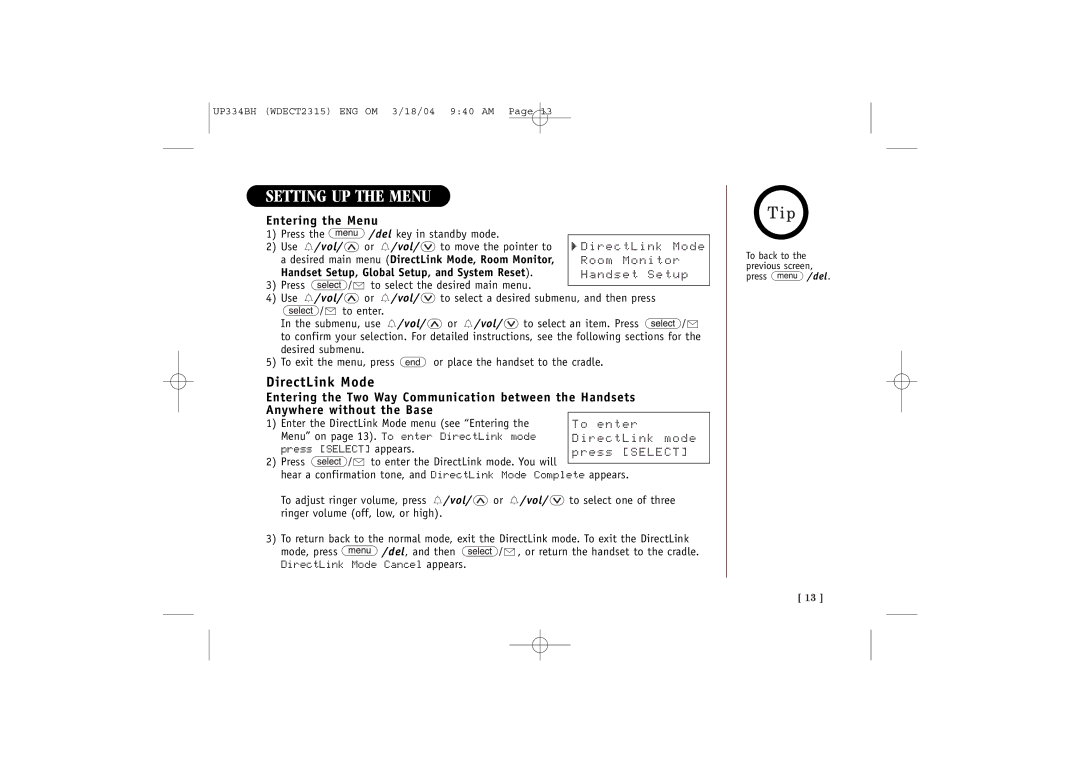 Uniden 2315+1 quick start Setting UP the Menu, DirectLink Mode, Entering the Menu 