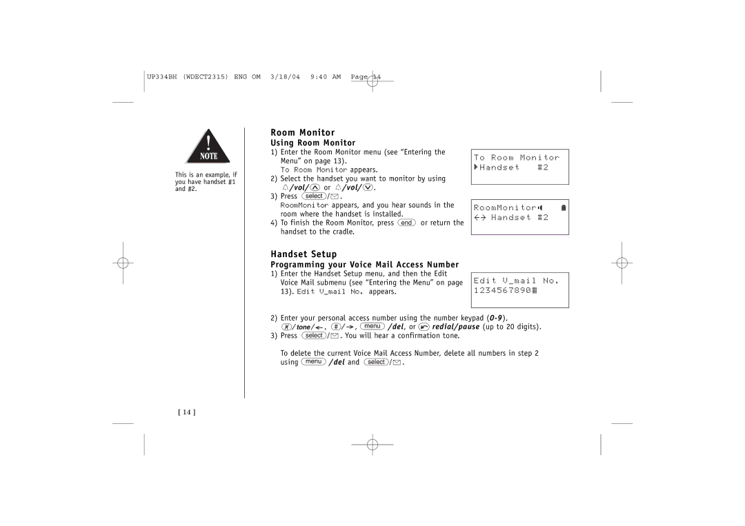 Uniden 2315+1 quick start Handset Setup, Using Room Monitor, Programming your Voice Mail Access Number 