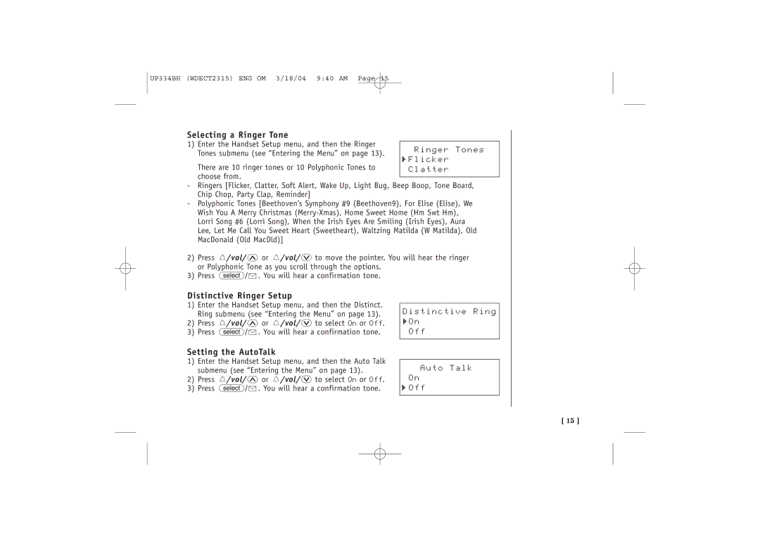 Uniden 2315+1 quick start Selecting a Ringer Tone, Distinctive Ringer Setup, Setting the AutoTalk 