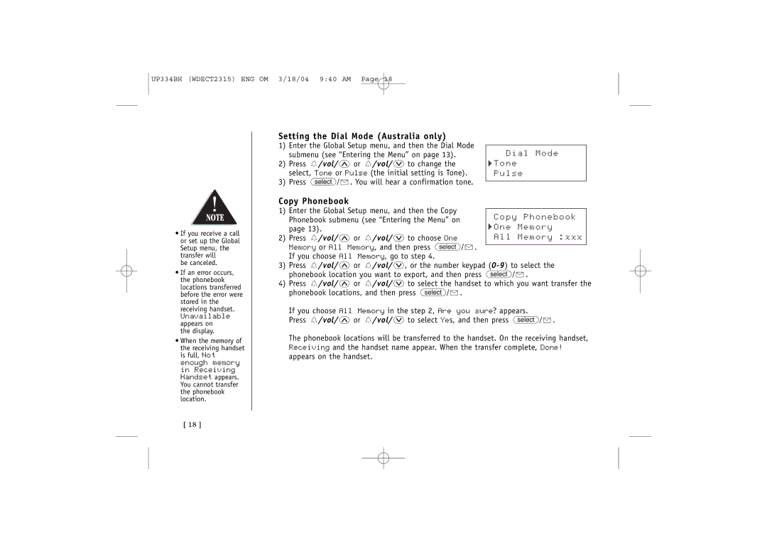 Uniden 2315+1 quick start Setting the Dial Mode Australia only, Copy Phonebook 