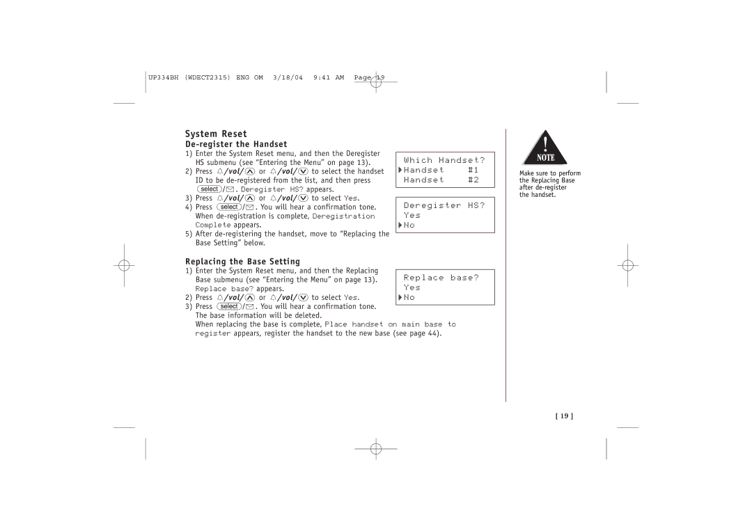 Uniden 2315+1 quick start System Reset, De-register the Handset, Replacing the Base Setting 