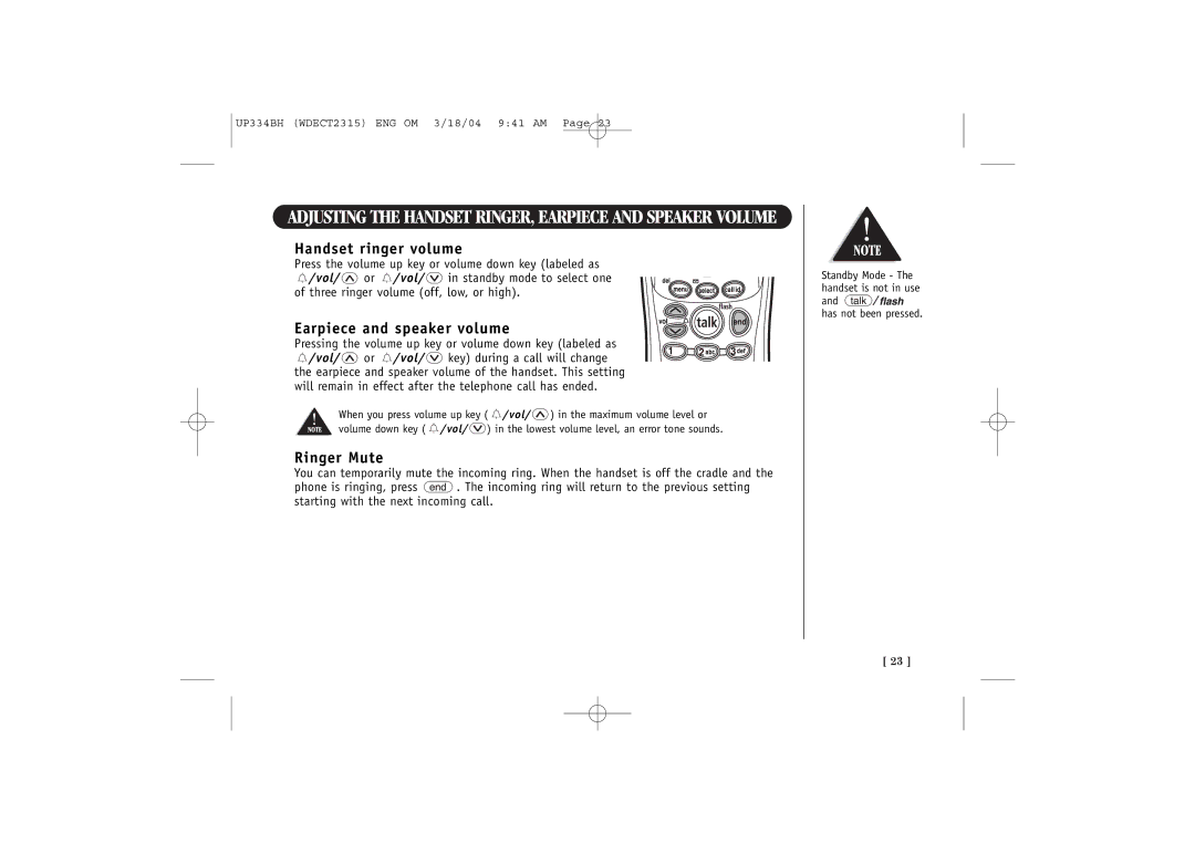 Uniden 2315+1 quick start Handset ringer volume, Earpiece and speaker volume, Ringer Mute 