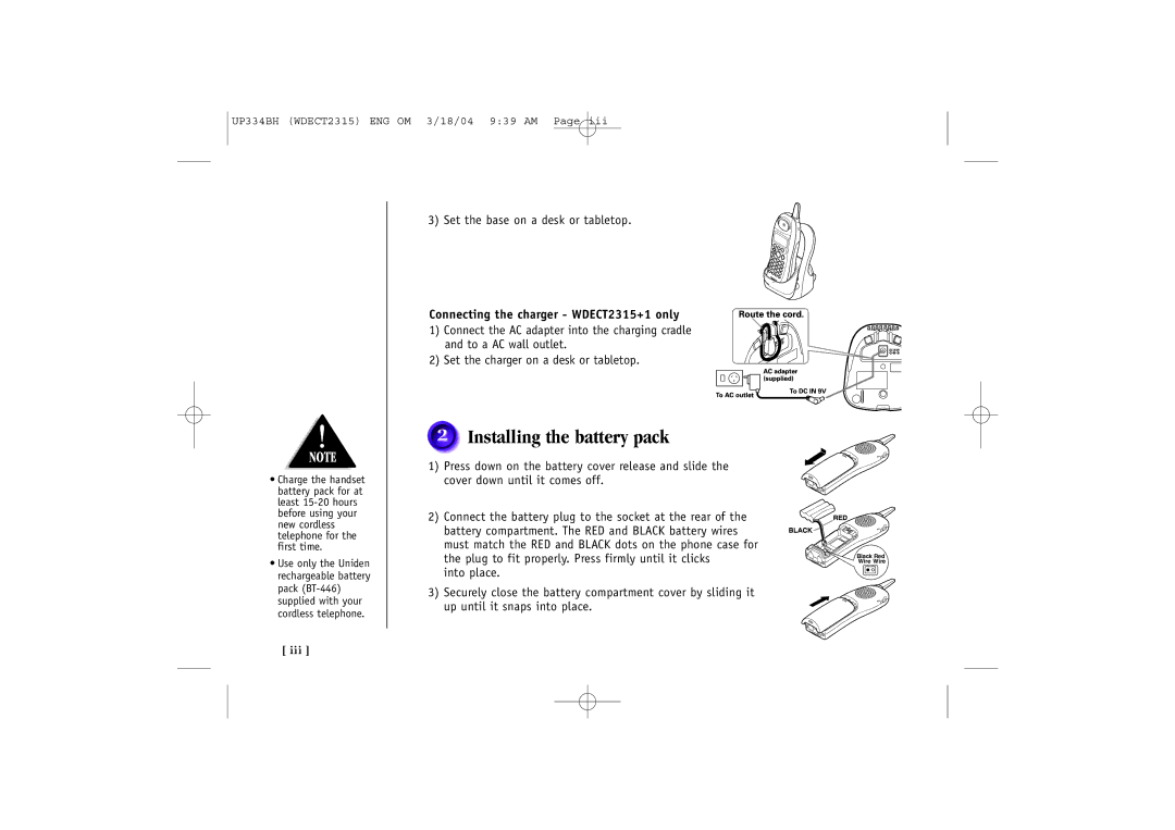 Uniden quick start Installing the battery pack, Connecting the charger WDECT2315+1 only 