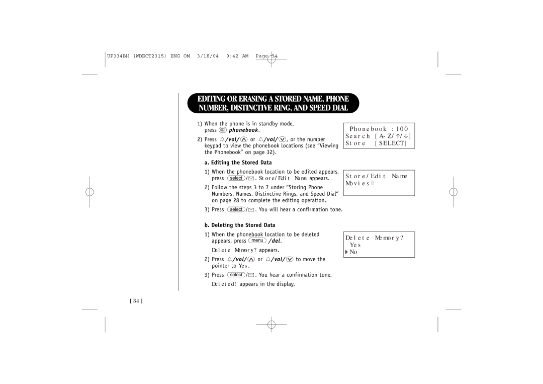 Uniden 2315+1 quick start Store/Edit Name Movies Delete Memory? Yes, Editing the Stored Data, Deleting the Stored Data 