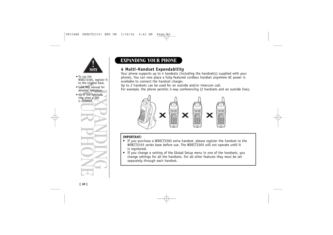 Uniden 2315+1 quick start Expanding Your Phone, Multi-Handset Expendability 