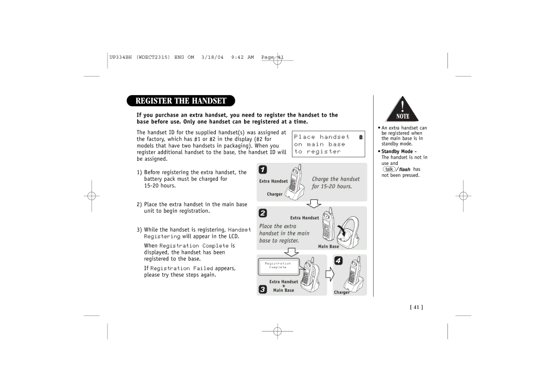 Uniden 2315+1 quick start Register the Handset, Place handset on main base to register 