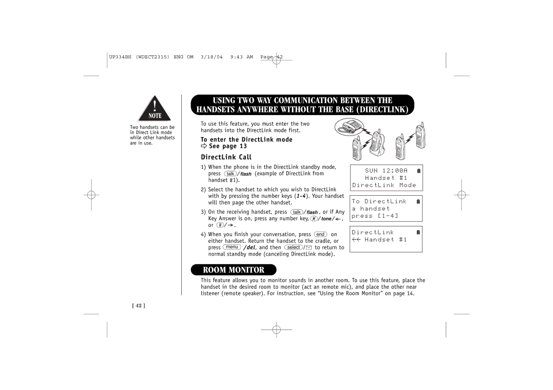 Uniden 2315+1 quick start Room Monitor, DirectLink Call, To enter the DirectLink mode See 